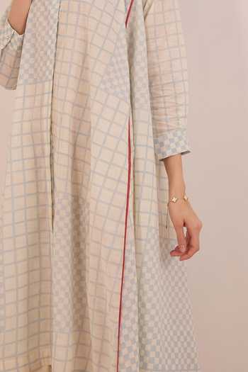 Buy_Shivani Bhargava_Blue Cotton Mandarin Collar Sheen Checkered Midi Dress 