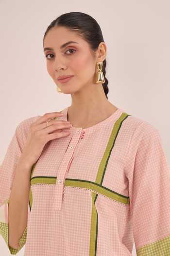 Shivani Bhargava_Pink Cotton Round Neck Gul Shepherd Checked Stripe Kurta And Pant Set _Online_at_Aza_Fashions