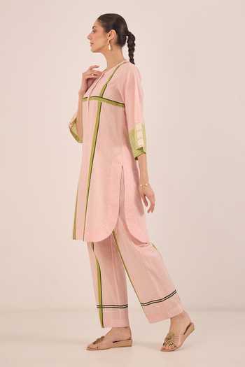 Buy_Shivani Bhargava_Pink Cotton Round Neck Gul Shepherd Checked And Striped Kurta _Online_at_Aza_Fashions