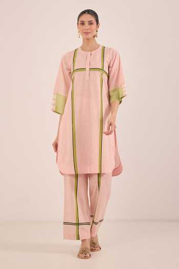 Shop_Shivani Bhargava_Pink Cotton Round Neck Gul Shepherd Checked And Striped Kurta _Online_at_Aza_Fashions