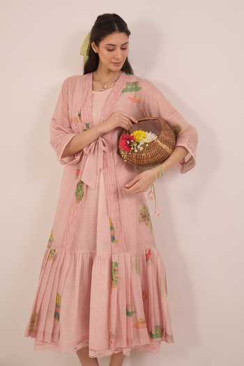 Shivani Bhargava Pink Silk, Chanderi, Cotton Open Gulposh Printed Jacket With Checkered Dress Online at Aza Fashions Shivani Bhargava_Pink Silk, Chanderi, Cotton Open Gulposh Printed Jacket With Checkered Dress _Online_at_Aza_Fashions