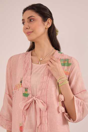 Buy Shivani Bhargava Pink Silk, Chanderi, Cotton Open Gulposh Printed Jacket With Checkered Dress Online at Aza Fashions Buy_Shivani Bhargava_Pink Silk, Chanderi, Cotton Open Gulposh Printed Jacket With Checkered Dress _Online_at_Aza_Fashions