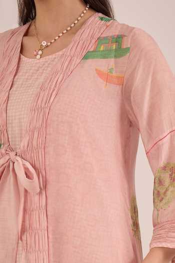 Shop Shivani Bhargava Pink Silk, Chanderi, Cotton Open Gulposh Printed Jacket With Checkered Dress Online at Aza Fashions Shop_Shivani Bhargava_Pink Silk, Chanderi, Cotton Open Gulposh Printed Jacket With Checkered Dress _Online_at_Aza_Fashions