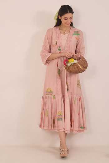 Shivani Bhargava Pink Silk, Chanderi, Cotton Open Gulposh Printed Jacket With Checkered Dress at Aza Fashions Shivani Bhargava_Pink Silk, Chanderi, Cotton Open Gulposh Printed Jacket With Checkered Dress _at_Aza_Fashions