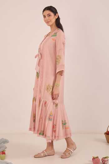 Buy Shivani Bhargava Pink Silk, Chanderi, Cotton Open Gulposh Printed Jacket With Checkered Dress Buy_Shivani Bhargava_Pink Silk, Chanderi, Cotton Open Gulposh Printed Jacket With Checkered Dress