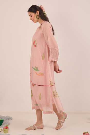 Shop_Shivani Bhargava_Pink Silk, Chanderi High Neck Gulposh Whispering Orchard Raglan Dress _Online_at_Aza_Fashions