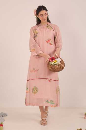 Shivani Bhargava_Pink Silk, Chanderi High Neck Gulposh Whispering Orchard Raglan Dress _at_Aza_Fashions