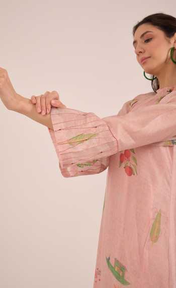 Buy_Shivani Bhargava_Pink Silk, Chanderi High Neck Gulposh Whispering Orchard Raglan Dress 