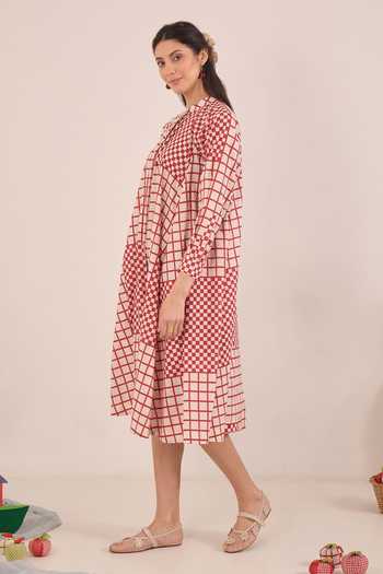 Shivani Bhargava Red Cotton Mandarin Collar Aarol Checkered Midi Dress Online at Aza Fashions Shivani Bhargava_Red Cotton Mandarin Collar Aarol Checkered Midi Dress _Online_at_Aza_Fashions