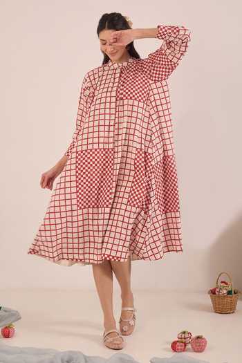 Shop Shivani Bhargava Red Cotton Mandarin Collar Aarol Checkered Midi Dress Online at Aza Fashions Shop_Shivani Bhargava_Red Cotton Mandarin Collar Aarol Checkered Midi Dress _Online_at_Aza_Fashions