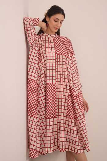 Shivani Bhargava Red Cotton Mandarin Collar Aarol Checkered Midi Dress at Aza Fashions Shivani Bhargava_Red Cotton Mandarin Collar Aarol Checkered Midi Dress _at_Aza_Fashions