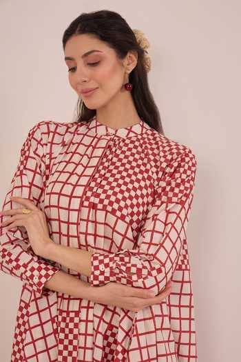 Buy Shivani Bhargava Red Cotton Mandarin Collar Aarol Checkered Midi Dress Buy_Shivani Bhargava_Red Cotton Mandarin Collar Aarol Checkered Midi Dress