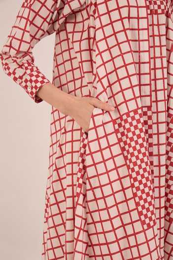 Shop Shivani Bhargava Red Cotton Mandarin Collar Aarol Checkered Midi Dress Shop_Shivani Bhargava_Red Cotton Mandarin Collar Aarol Checkered Midi Dress