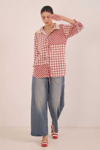 Shivani Bhargava Red Cotton Collared Neck Aarol Checkered String Shirt Online at Aza Fashions Shivani Bhargava_Red Cotton Collared Neck Aarol Checkered String Shirt _Online_at_Aza_Fashions