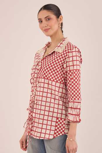 Buy Shivani Bhargava Red Cotton Collared Neck Aarol Checkered String Shirt Online at Aza Fashions Buy_Shivani Bhargava_Red Cotton Collared Neck Aarol Checkered String Shirt _Online_at_Aza_Fashions