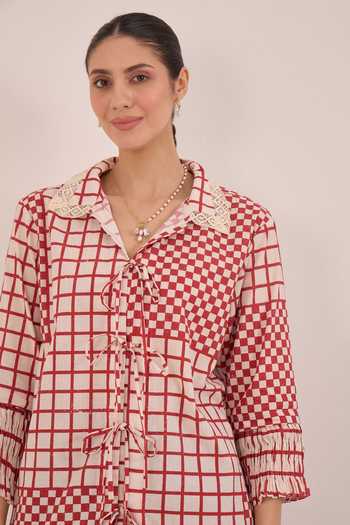 Shop Shivani Bhargava Red Cotton Collared Neck Aarol Checkered String Shirt Online at Aza Fashions Shop_Shivani Bhargava_Red Cotton Collared Neck Aarol Checkered String Shirt _Online_at_Aza_Fashions
