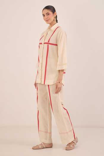 Shivani Bhargava Ivory Cotton Collared Neck Gul Cross Stripe Shirt And Pant Co-ord Set Online at Aza Fashions Shivani Bhargava_Ivory Cotton Collared Neck Gul Cross Stripe Shirt And Pant Co-ord Set _Online_at_Aza_Fashions