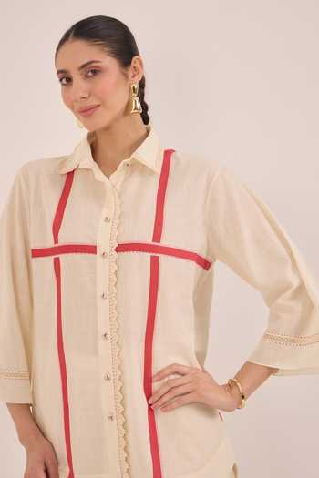 Shop Shivani Bhargava Ivory Cotton Collared Neck Gul Cross Stripe Shirt And Pant Co-ord Set Online at Aza Fashions Shop_Shivani Bhargava_Ivory Cotton Collared Neck Gul Cross Stripe Shirt And Pant Co-ord Set _Online_at_Aza_Fashions