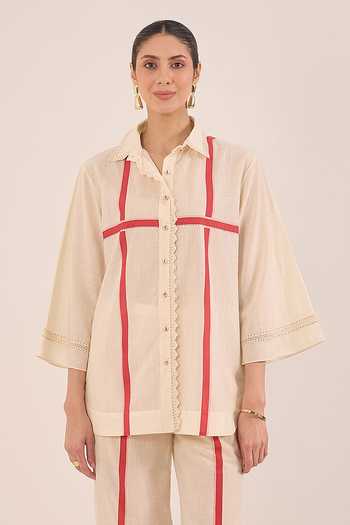 Buy Shivani Bhargava Ivory Cotton Collared Neck Gul Cross Stripe Shirt And Pant Co-ord Set Buy_Shivani Bhargava_Ivory Cotton Collared Neck Gul Cross Stripe Shirt And Pant Co-ord Set