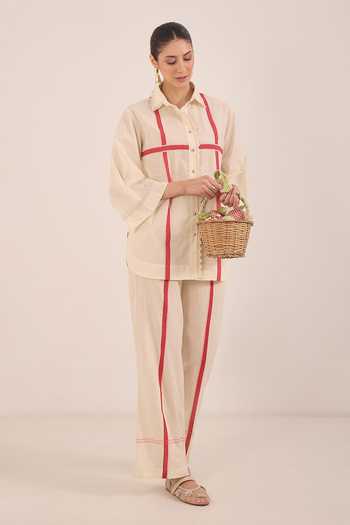 Shop Shivani Bhargava Ivory Cotton Collared Neck Gul Cross Stripe Shirt And Pant Co-ord Set Shop_Shivani Bhargava_Ivory Cotton Collared Neck Gul Cross Stripe Shirt And Pant Co-ord Set
