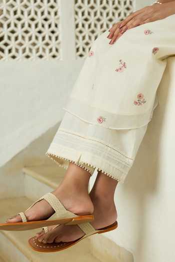 Vaayu Ivory Cotton, Muslin Round Neck Floral Embroidered Kurta And Pant Set Online at Aza Fashions Vaayu_Ivory Cotton, Muslin Round Neck Floral Embroidered Kurta And Pant Set _Online_at_Aza_Fashions