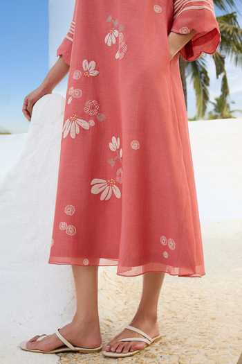 Vaayu Pink Cotton, Muslin V-neck Hibiscus Applique Dress at Aza Fashions Vaayu_Pink Cotton, Muslin V-neck Hibiscus Applique Dress _at_Aza_Fashions