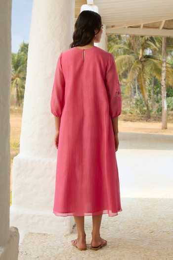 Vaayu Pink Cotton, Muslin Round Neck Rose Pintuck Dress Online at Aza Fashions Vaayu_Pink Cotton, Muslin Round Neck Rose Pintuck Dress _Online_at_Aza_Fashions