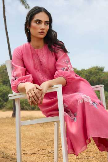 Buy Vaayu Pink Cotton, Muslin Round Neck Rose Pintuck Dress Online at Aza Fashions Buy_Vaayu_Pink Cotton, Muslin Round Neck Rose Pintuck Dress _Online_at_Aza_Fashions
