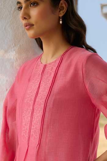 Vaayu Pink Cotton, Muslin Round Neck Rose Pintuck Dress at Aza Fashions Vaayu_Pink Cotton, Muslin Round Neck Rose Pintuck Dress _at_Aza_Fashions