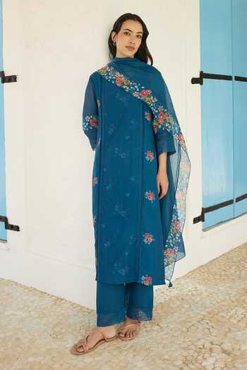 Vaayu Sapphire Cotton, Muslin Round Neck Thread Embroidered Kurta Set at Aza Fashions Vaayu_Sapphire Cotton, Muslin Round Neck Thread Embroidered Kurta Set _at_Aza_Fashions