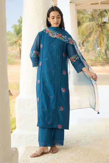 Buy Vaayu Sapphire Cotton, Muslin Round Neck Thread Embroidered Kurta Set Buy_Vaayu_Sapphire Cotton, Muslin Round Neck Thread Embroidered Kurta Set