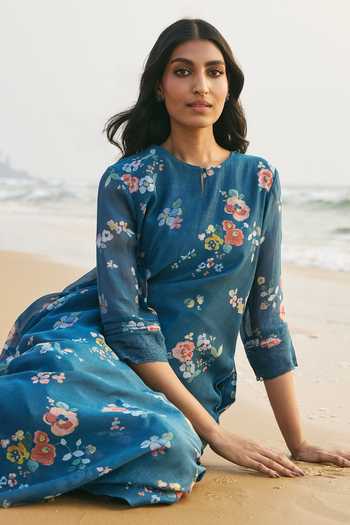 Vaayu Sapphire Muslin, Cotton Round Neck Floral Print Kurta And Pant Set at Aza Fashions Vaayu_Sapphire Muslin, Cotton Round Neck Floral Print Kurta And Pant Set _at_Aza_Fashions