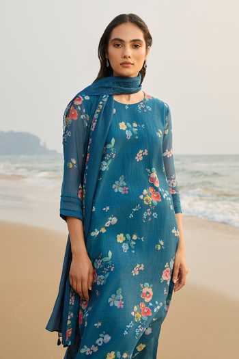 Buy Vaayu Sapphire Cotton, Muslin Round Neck Floral Print Kurta Set Online at Aza Fashions Buy_Vaayu_Sapphire Cotton, Muslin Round Neck Floral Print Kurta Set _Online_at_Aza_Fashions