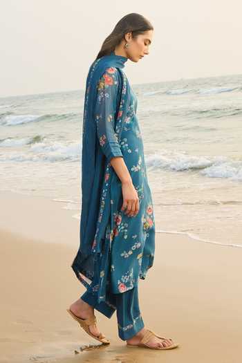 Vaayu Sapphire Cotton, Muslin Round Neck Floral Print Kurta Set at Aza Fashions Vaayu_Sapphire Cotton, Muslin Round Neck Floral Print Kurta Set _at_Aza_Fashions