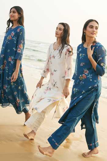 Buy Vaayu Sapphire Cotton, Muslin Round Neck Floral Print Kurta Set Buy_Vaayu_Sapphire Cotton, Muslin Round Neck Floral Print Kurta Set