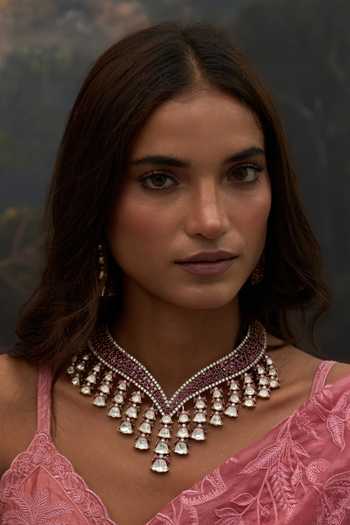 Shop_Preeti Mohan_Pink Ojasvini Zircon Necklace Set _Online_at_Aza_Fashions