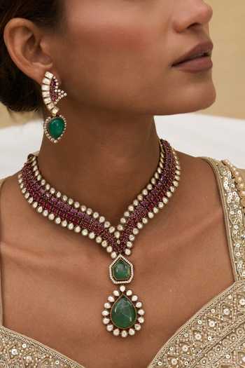 Shop Preeti Mohan Pink Jaskirat Zircon Embellished Necklace Online at Aza Fashions Shop_Preeti Mohan_Pink Jaskirat Zircon Embellished Necklace _Online_at_Aza_Fashions