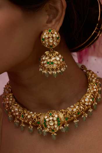 Shop Preeti Mohan Green Monita Moissanite Hasli Necklace Set Online at Aza Fashions Shop_Preeti Mohan_Green Monita Moissanite Hasli Necklace Set _Online_at_Aza_Fashions