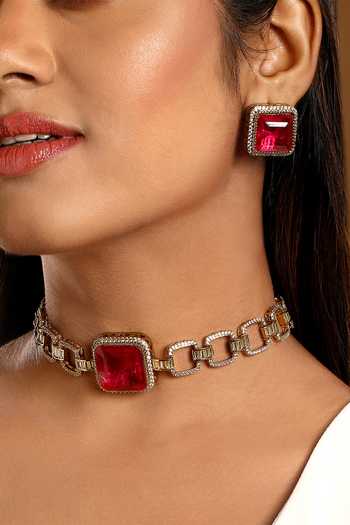 Buy_HRISHA_Pink Stone Embellished Necklace And Earrings Set _Online_at_Aza_Fashions