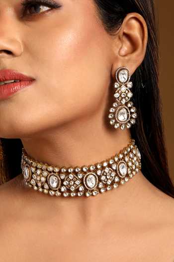 Shop_HRISHA_Gold Plated Kundan Polki Necklace And Earrings Set _Online_at_Aza_Fashions