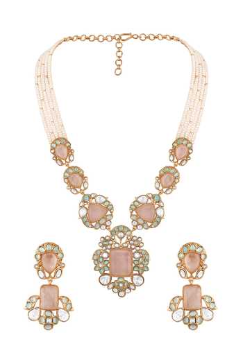 HRISHA Kundan Polki Rose Quartz Necklace & Earrings Set 