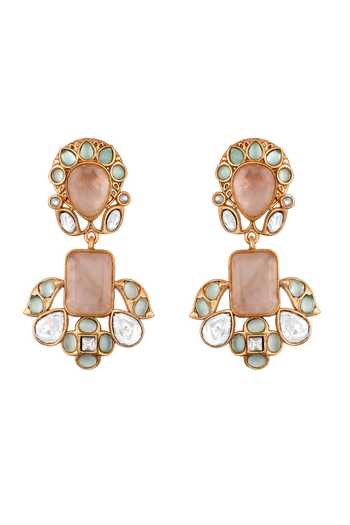 HRISHA_Pink Kundan Polki Rose Quartz Necklace And Earrings Set _Online_at_Aza_Fashions