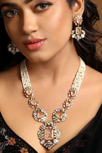 Shop_HRISHA_Pink Kundan Polki Rose Quartz Necklace And Earrings Set _Online_at_Aza_Fashions