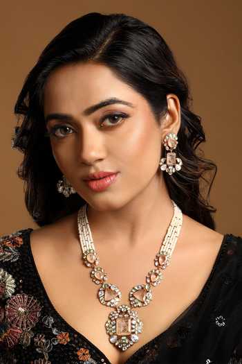 HRISHA Kundan Polki Rose Quartz Necklace & Earrings Set 