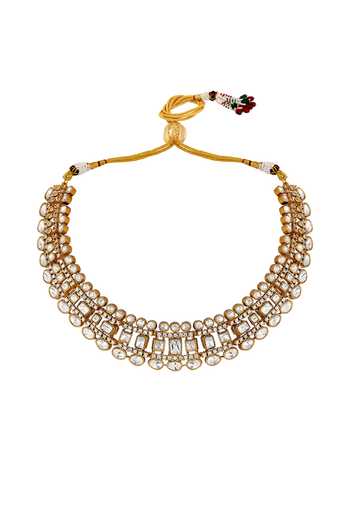 HRISHA_Gold Plated Polki Embellished Necklace And Earrings Set _Online_at_Aza_Fashions