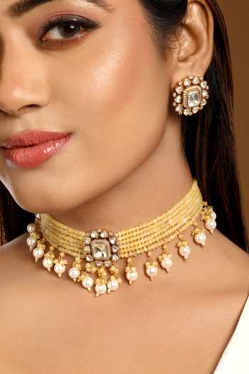 Shop_HRISHA_Yellow Kundan Polki Choker Necklace And Earrings Set _Online_at_Aza_Fashions