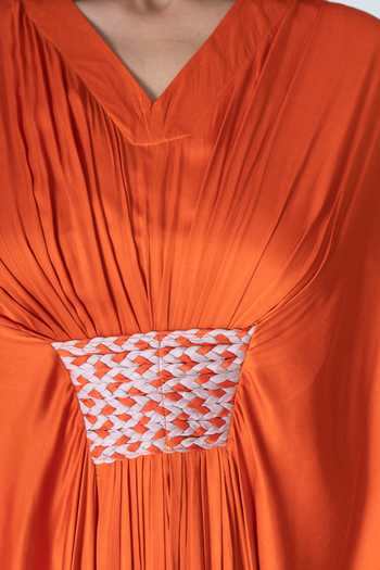 Neora By Nehal Chopra_Orange Bemberg Modal Silk, Lining Butter Crepe Braided Asymmetric Waist Kaftan For Kids_Online_at_Aza_Fashions