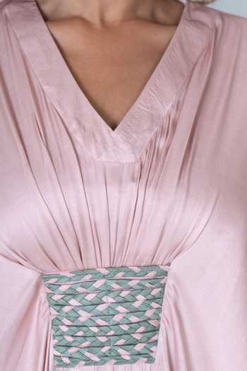 Neora By Nehal Chopra Pink Bemberg Modal Silk, Lining Butter Crepe Braided Waist Asymmetric Kaftan For Kids Online at Aza Fashions Neora By Nehal Chopra_Pink Bemberg Modal Silk, Lining Butter Crepe Braided Waist Asymmetric Kaftan For Kids_Online_at_Aza_Fashions