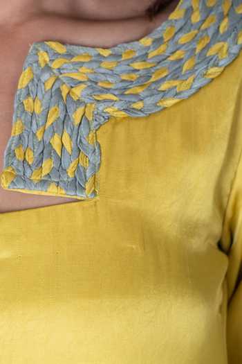 Neora By Nehal Chopra_Yellow Bemberg Modal Silk, Lining Butter Crepe Braided Lace Solid Slit Dress For Kids_Online_at_Aza_Fashions