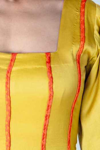 Neora By Nehal Chopra Yellow Bemberg Modal Silk, Lining Butter Crepe Braided Lace Striped Dress For Kids Online at Aza Fashions Neora By Nehal Chopra_Yellow Bemberg Modal Silk, Lining Butter Crepe Braided Lace Striped Dress For Kids_Online_at_Aza_Fashions